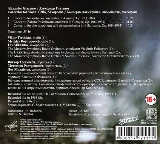 Concerto per violino op.81 - Concerto per sassofono op.108 - CD Audio di Alexander Glazunov,Evgeny Svetlanov - 2
