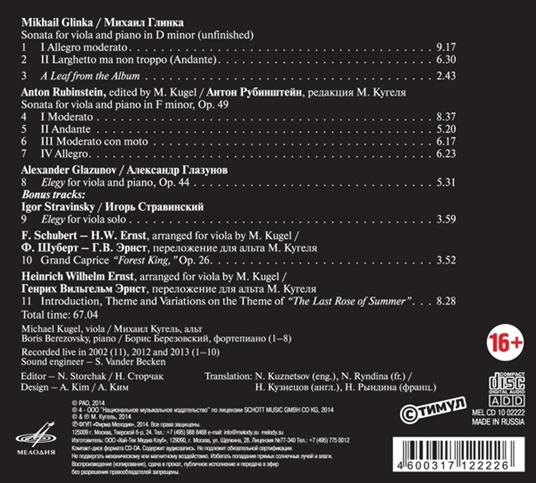 Sonate per viola - CD Audio di Alexander Glazunov,Mikhail Glinka,Anton Rubinstein,Michael Kugel - 2