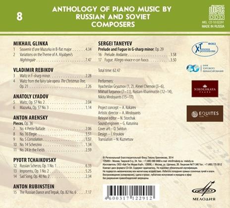 Anthology of Piano Music by Russian and Soviet Composers vol.8 - CD Audio di Pyotr Ilyich Tchaikovsky,Mikhail Glinka,Anton Arensky,Anton Rubinstein,Vladimir Rebikov - 2