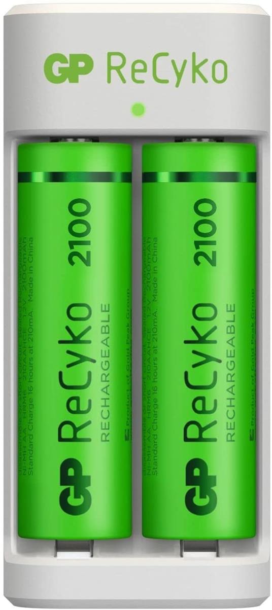 Caricabatterie a 2 Slot per Pile Ricaricabili AA e AAA NiMH | GP RECYKO |  Include 2 Batterie Ricaricabili AA - Caricatore USB - GP - Informatica | IBS