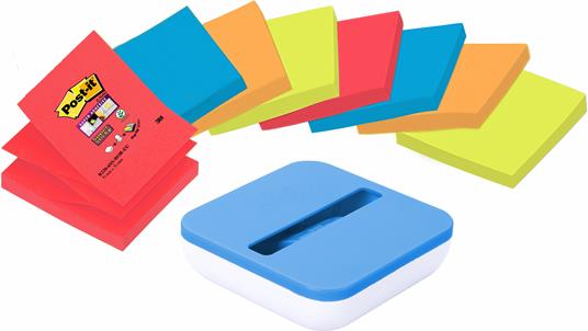 3M Post-it. Dispenser Da Tavolo Ricaricabile Val Blu Cielo + 8 Ricariche Di Foglietti Super Sticky