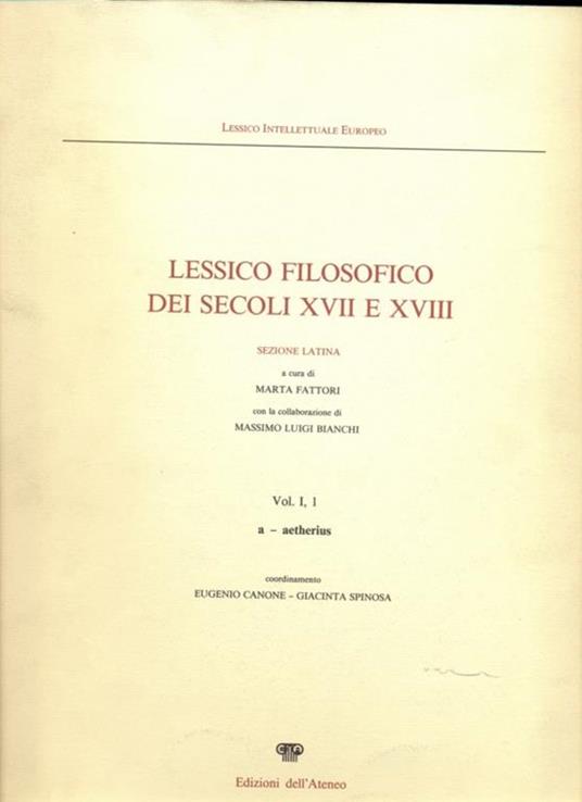 Lessico filosofico dei secoli XVII e XVIII. Sezione latina - copertina
