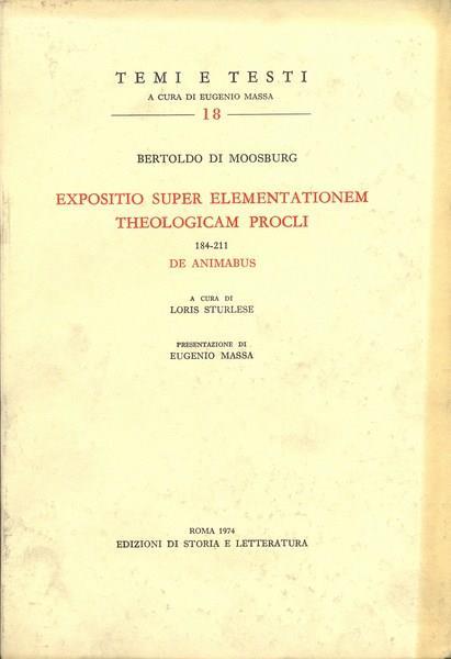 Expositio super elementationem theologicam Procli 184-211. De animabus - Bertoldo di Moosburg - copertina