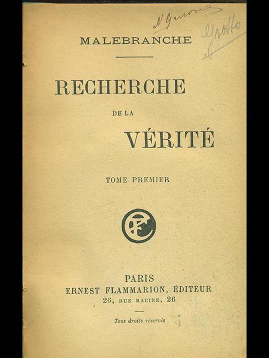 Recherche de la verite' - Nicolas Malebranche - copertina