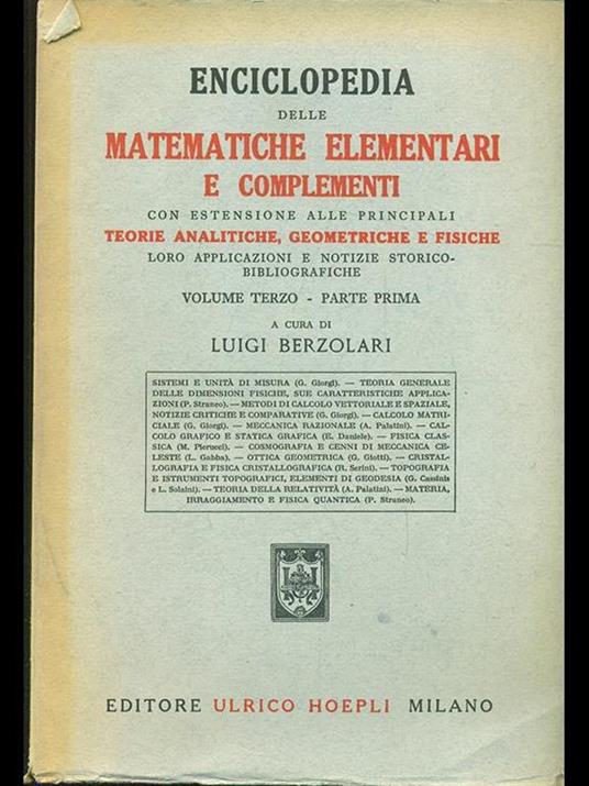 Enciclopedia delle matematiche elementari e complementi. Vol. 3 parte 1 - Luigi Berzolari - copertina