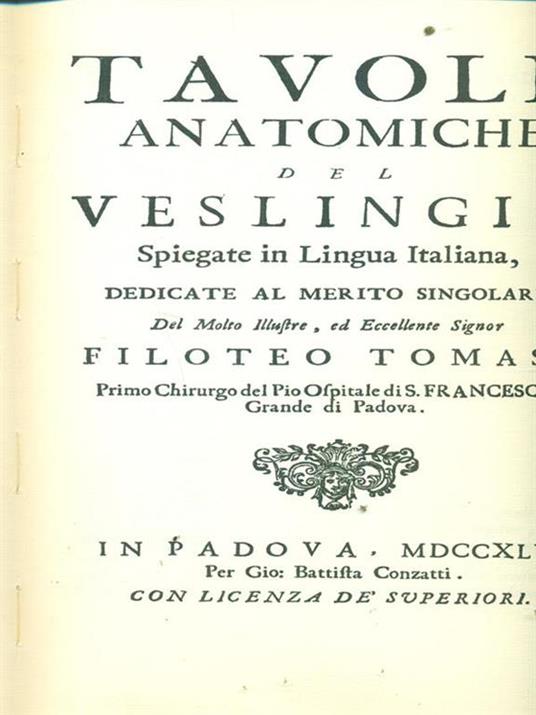 Tavole anatomiche del Veslingio spiegate in lingua italiana - Filoteo Tomasi - copertina