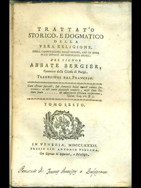 Trattato storico e dogmatico della vera religione Vol. 6 - Nicolas Sylvestre Bergier - copertina