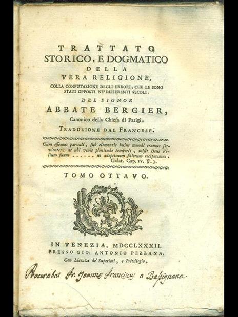 Trattato storico e dogmatico della vera religione Vol. 8 - Nicolas Sylvestre Bergier - copertina