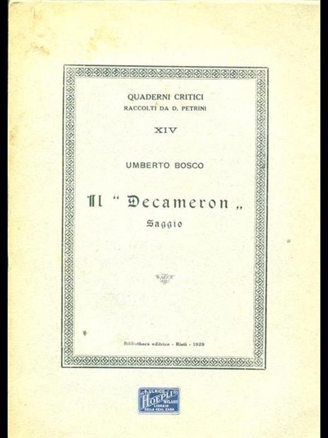 Il Decameron. Saggio - Umberto Bosco - copertina