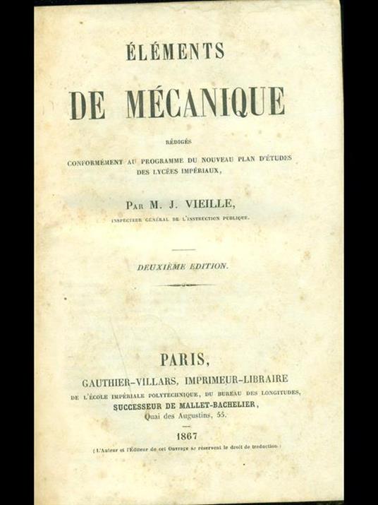 Elements de mecanique - M. J. Vieille - copertina