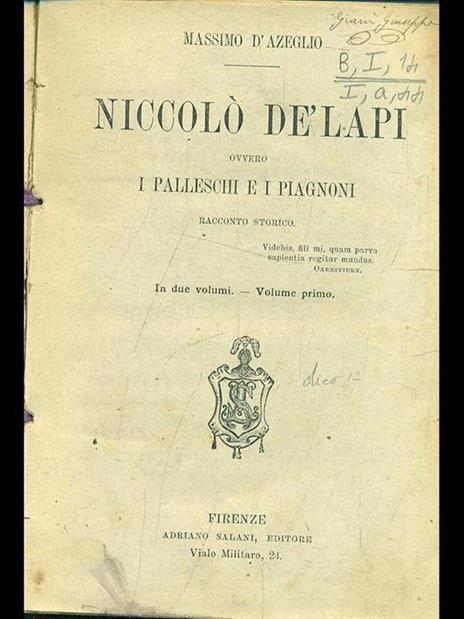 Niccolò de Lapi ovvero i Palleschie i Piagnoni Vol. 1 - Massimo D'Azeglio - copertina