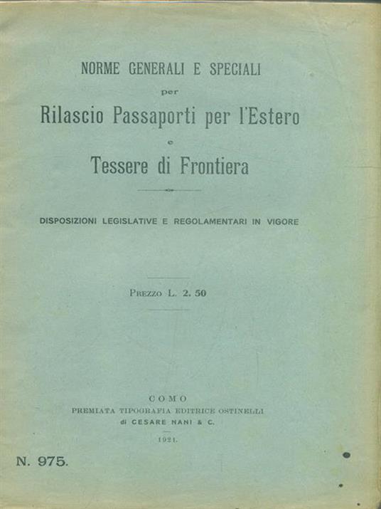 Norme generali e speciali per RilascioPassaporti per l'Estero e Tessere di Frontiera - copertina