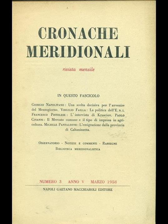 Cronache meridionali 3. Marzo 1958 - copertina