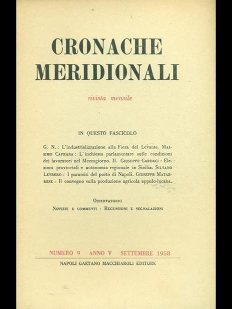 Cronache meridionali 9. Settembre 1958 - copertina