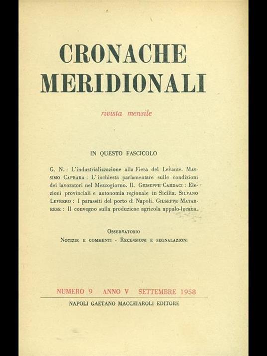 Cronache meridionali 9. Settembre 1958 - copertina