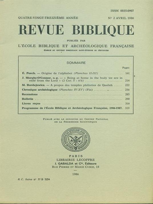 Revue Biblioque n. 2 / Avril 1986 - copertina