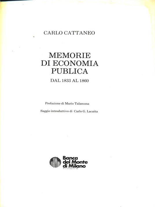 Memorie di economia publica dal 1833al 1860 - Carlo Cattaneo - copertina