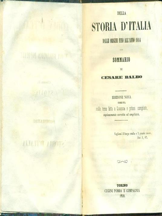 Della Storia d'Italia dalle origini fino all'anno 1814 - Cesare Balbo - copertina