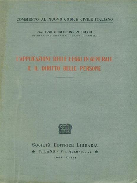 L' applicazione delle leggi in generale e il diritto delle persone - copertina