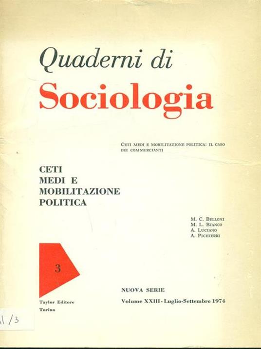 Quaderni di sociologia n. 3 vol.XXIII. 1974 - copertina