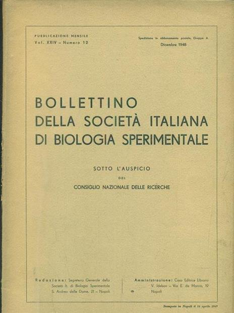 bollettino della società italiana di biologia sperimentale vol XXIV N 12 / dicembre 1948 - copertina