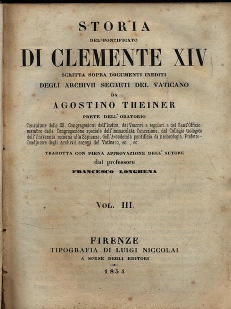 Storia di Clemente XIV - 3 - Augustin Theiner - copertina