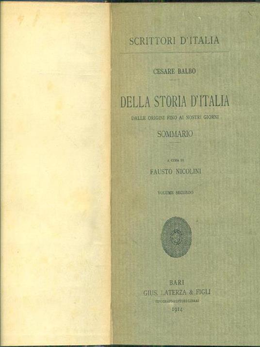 della storia d'Italia dalle origini fino ai nostri giorni vol II - Cesare Balbo - copertina