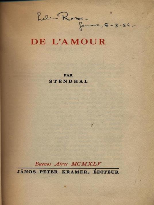 De L Amour Stendhal Libro Usato Janos Peter Kramer Editeur Ibs