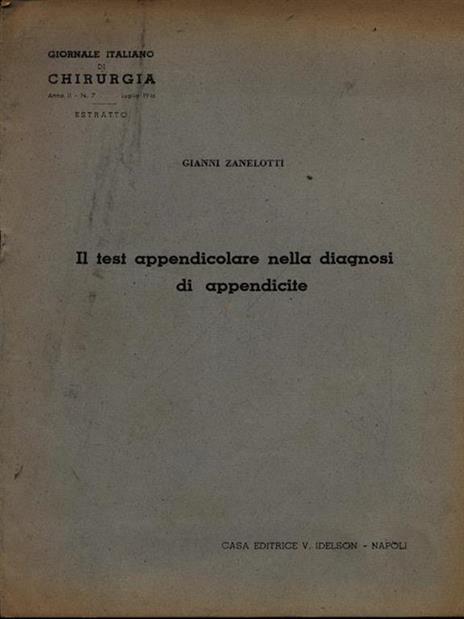 Il test appendicolare nella diagnosi di appendicite. Estratto - Gianni Zanelotti - copertina