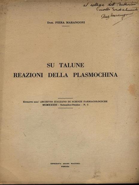 Su talune reazioni della plasmochina - Piera Marangoni - copertina