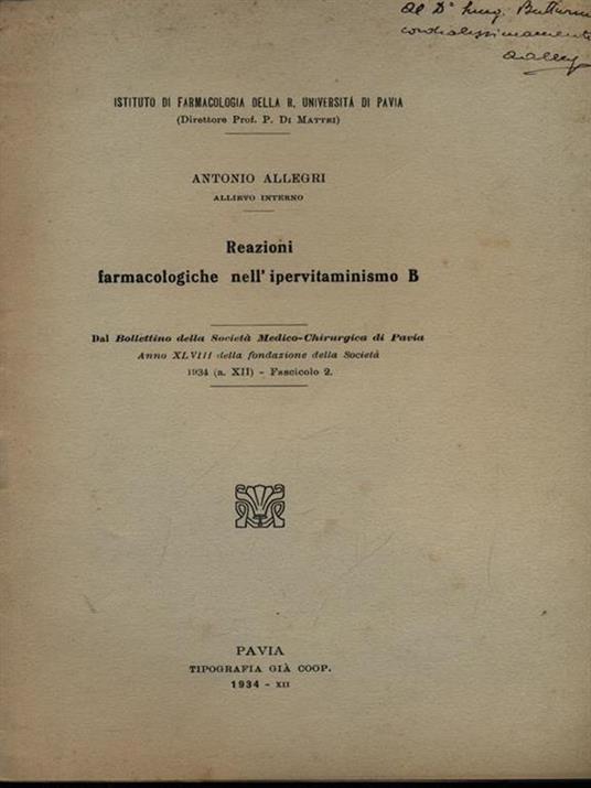 Reazioni farmacologiche nell'ipervitaminismo B. Estratto - Antonio Allegri - copertina