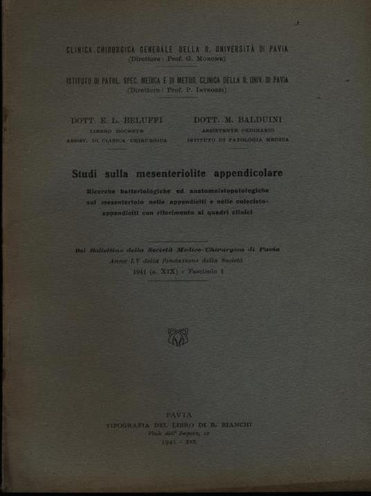 Studi sulla mesenteriolite appendicolare. Estratto - L. Beluffi - copertina