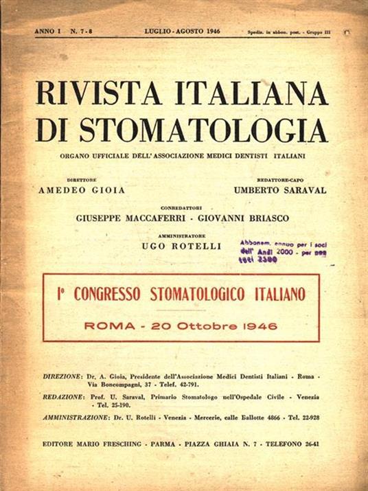 Rivista italiana di stomatologia. Anno I N. 7-8 Luglio Agosto 1946 - copertina