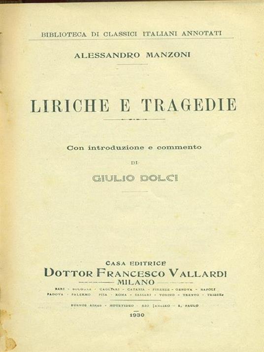 Liriche e tragedie - Alessandro Manzoni - copertina