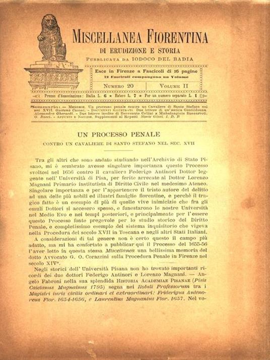 Miscellanea fiorentina di erudizione e storia. Numero 20 Volume II - Iodoco Del Badia - 2