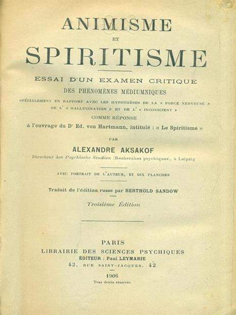 Animisme et Spiritisme - Alexandre Aksakof - copertina