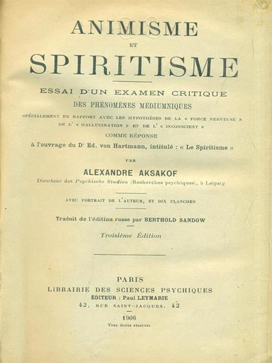 Animisme et Spiritisme - Alexandre Aksakof - copertina