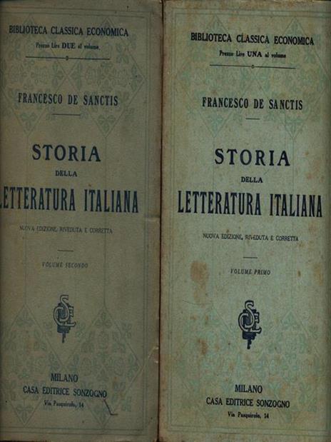 Storia della letteratura italiana. 2 Volumi - Francesco De Sanctis - Libro  Usato - Sonzogno - Biblioteca Classica Economica