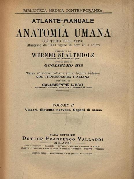 Atlante manuale di anatomia umana. Volume secondo - W. Spalteholz - copertina