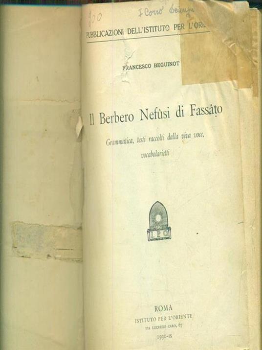 Il Berbero Nefu^si di Fassa^to - Francesco Beguinot - copertina