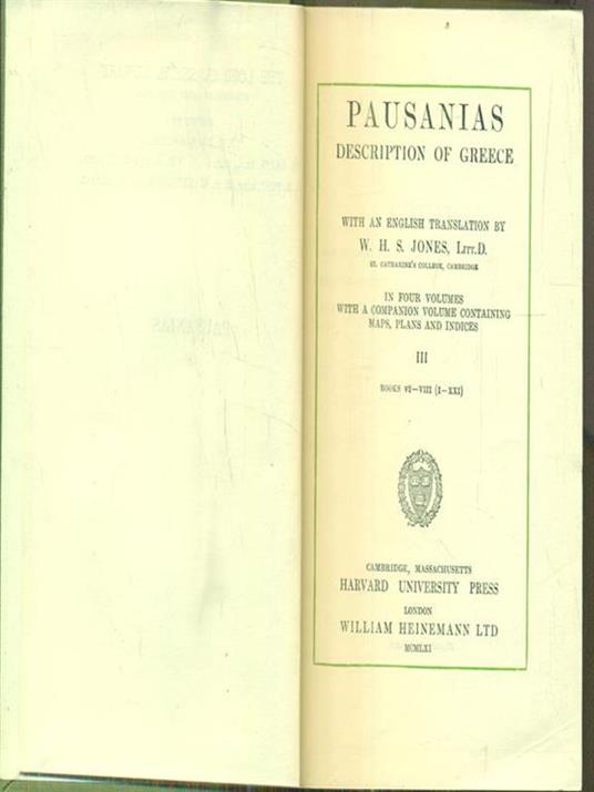 Pausanias Description of Greece. vol III - W. H. S Jones - copertina