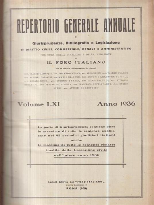 Repertorio generale annuale di giurisprudenza, bibliografia e legislazione 1936 - copertina