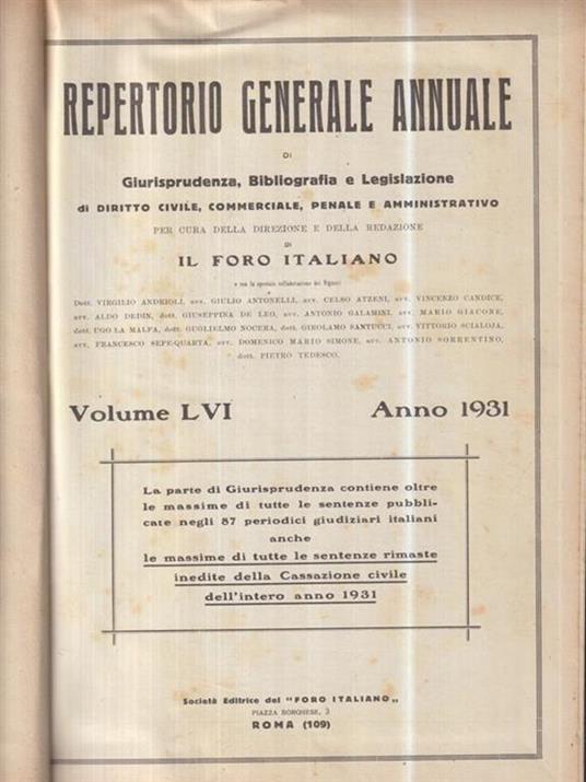 Repertorio generale annuale di giurisprudenza, bibliografia e legislazione 1931 - copertina