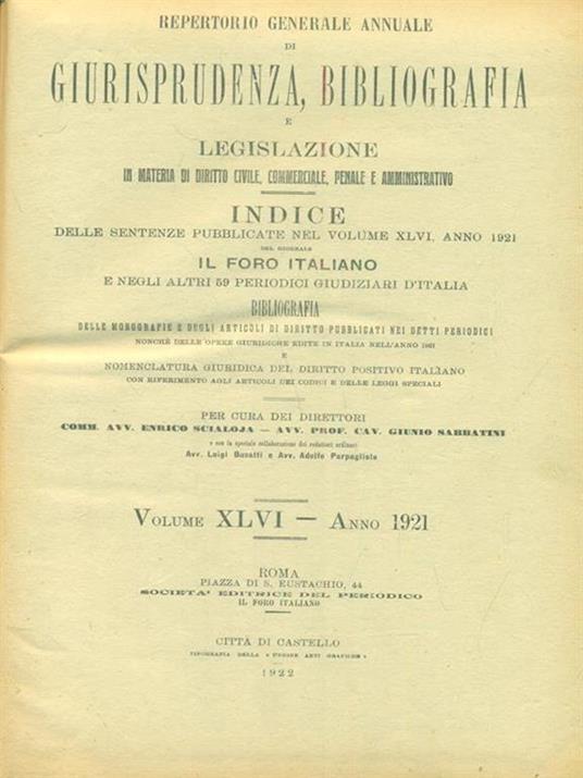 Il foro italiano repertorio 1921 vol. XLVI - copertina