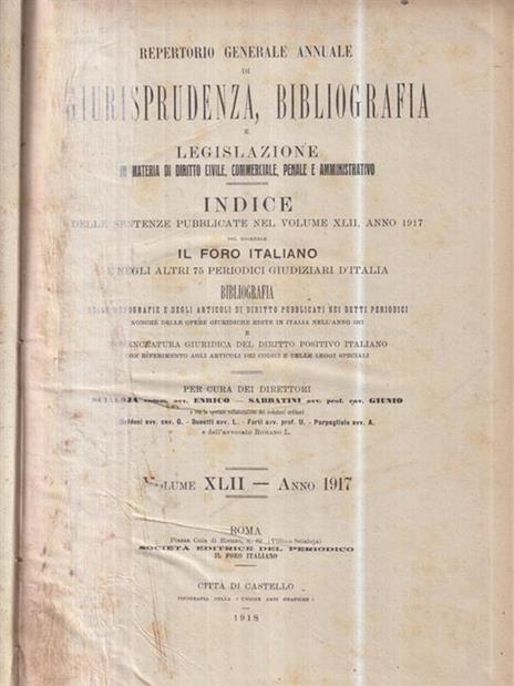 Repertorio generale annuale di giurisprudenza, bibliografia e legislazione 1917 -   - copertina