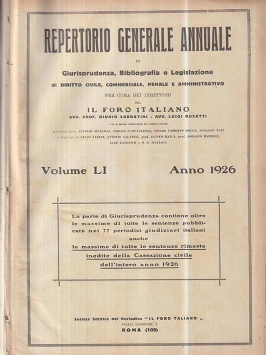 Repertorio generale annuale di giurisprudenza, bibliografia e legislazione 1926 -   - copertina