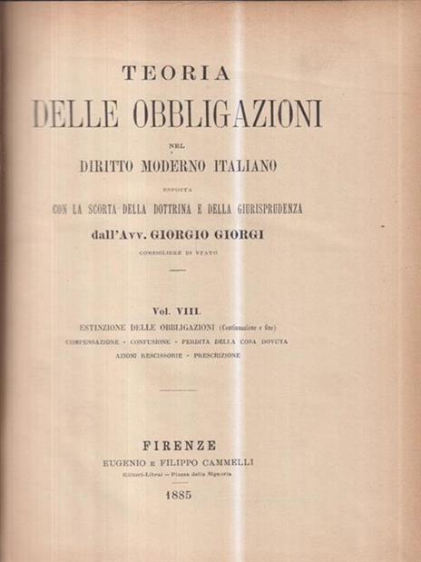 Teoria delle obbligazioni vol VIII - Giorgio Giorgi - copertina