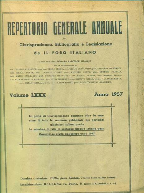 Repertorio generale annuale de Il Foro Italiano. Vol LXXX - Anno 1957 -   - copertina