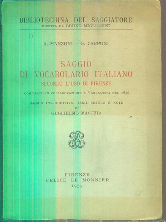 Saggio di vocabolario italiano secondo l'uso di Firenze - Alessandro Manzoni - copertina