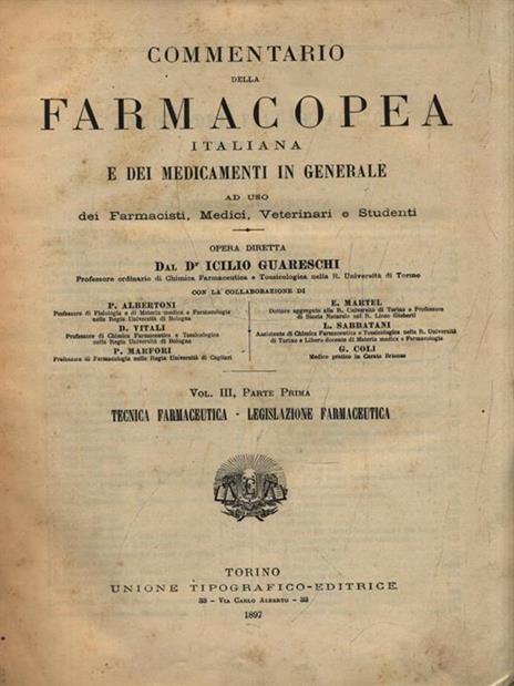 Farmacopea Italiana Vol. III, Parte prima - Icilio Guareschi - copertina